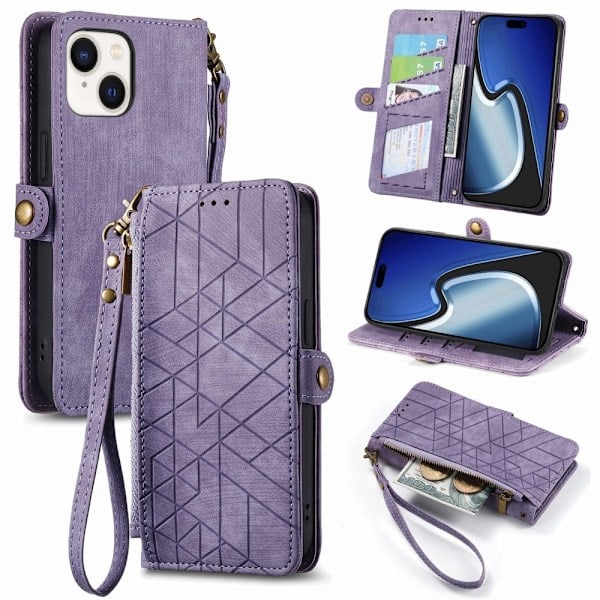 iPhone 15 Plus Cover Geometri Med Snor Lilla