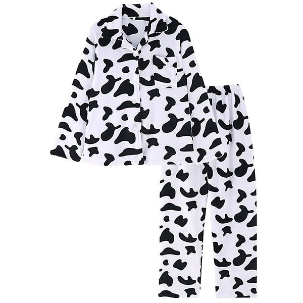 1 Setti Naisten Pyjama Pitkähihaisella Yläosalla ja Pitkillä Housuilla Kotikäyttöön Lehmäkuvio (xxl) Valkoinen XXL