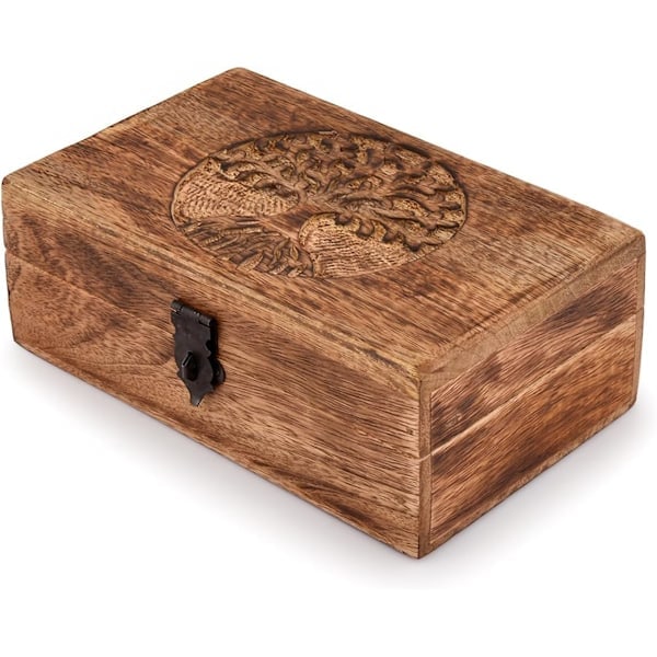 Handgjord Mangoträ Livets Träd Snidad Vacker Minnessak Behållare Smyckeskrin Unik Gåva (Flame Craft Finish)