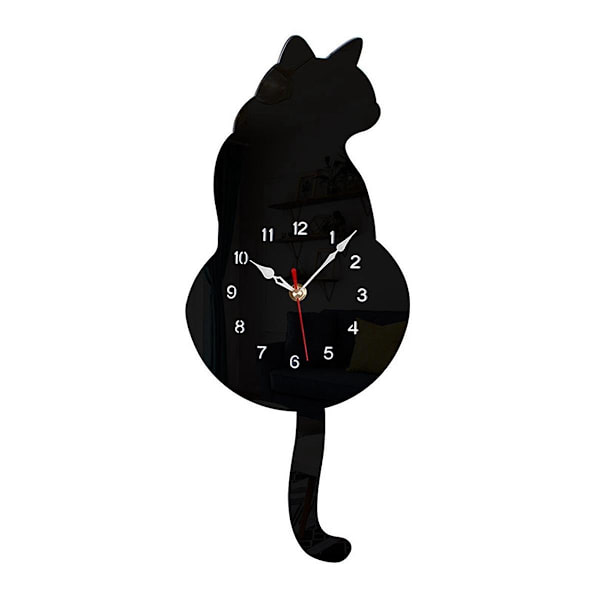Svart kattpendel väggklocka, kattklocka, kattklocka med rörlig svans, kattgunga, fantasifull rolig vägg