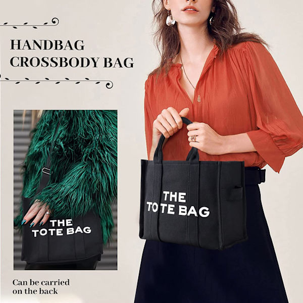 （svart）Dam Tote Bag Canvas Axelväska Sladd Väska med Innerficka Damlogotyp och tryck Stor Tote Bag