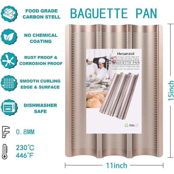 Baguetteforme til bagning, kulstofstål 3 brødforme, nonstick baguettebageplade til perforeret fransk brødform[CO]
