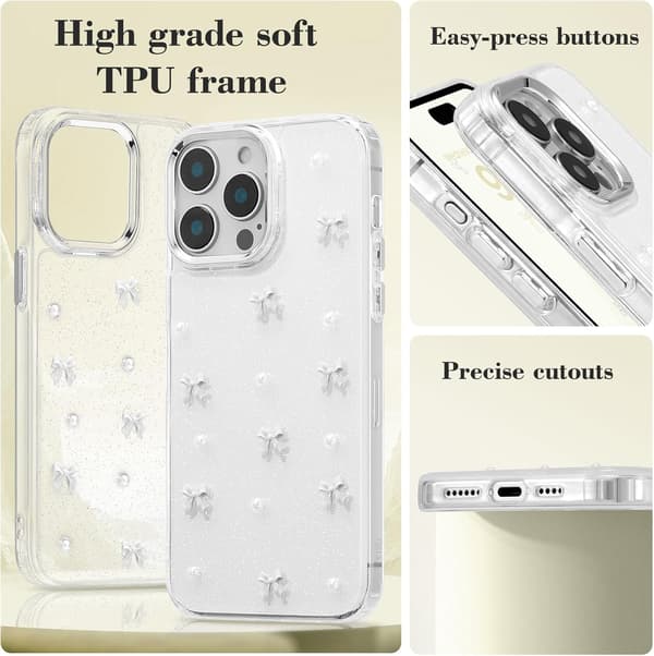 Case for iPhone 14 Pro Max, Bling Glitter 3D Bow Phone Case Cute Sparkly Crystal Clear Bow Slim Soft Durable Protective Case Whit White iPhone 14 Pro Max