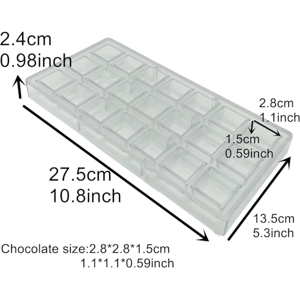 Firkantet chokoladeform i polykarbonat til gør-det-selv chokoladeproduktion, 21 hulrum, slik- og isterningeforme