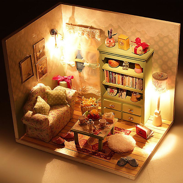 Wooden Dollhouse Tiny DIY House Kit with Cover and LED Light