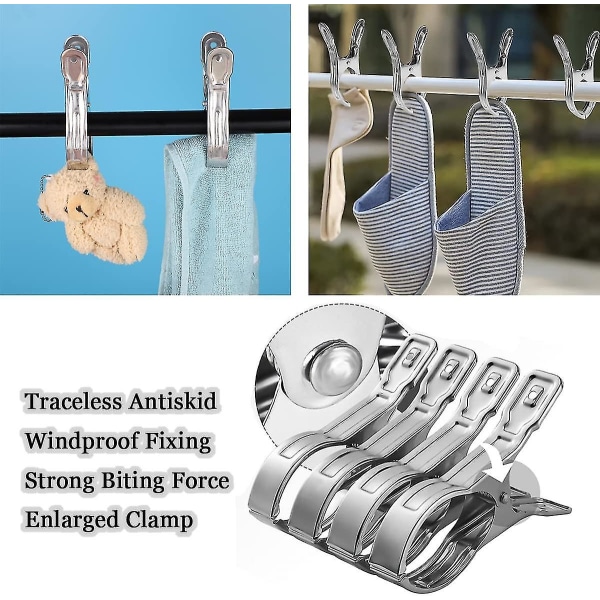 8-pakning 12 cm klesklyper for strandhåndklær, store klesklyper i rustfritt stål for solsenger, klesklyper for klesvask, klesklyper for tunge klær S