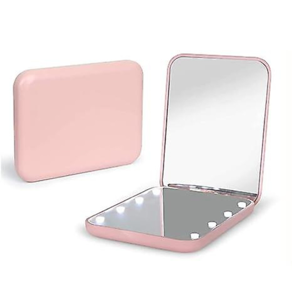 Lommespeil, 1X/3X forstørrelse LED kompakt reisesminke speil med lys, 2-sidig, bærbar, lite opplyst speil, rosa 3,3\"L x 2,5\"B