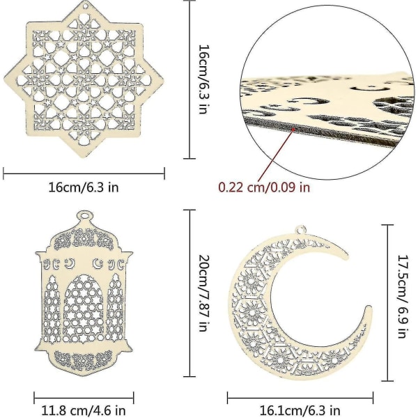 6 stk. Trævedhæng Ornament Ramadan Kareem Dekoration Måne Stjerne Vindlys Form Vedhæng Mubarak Eid Ornament