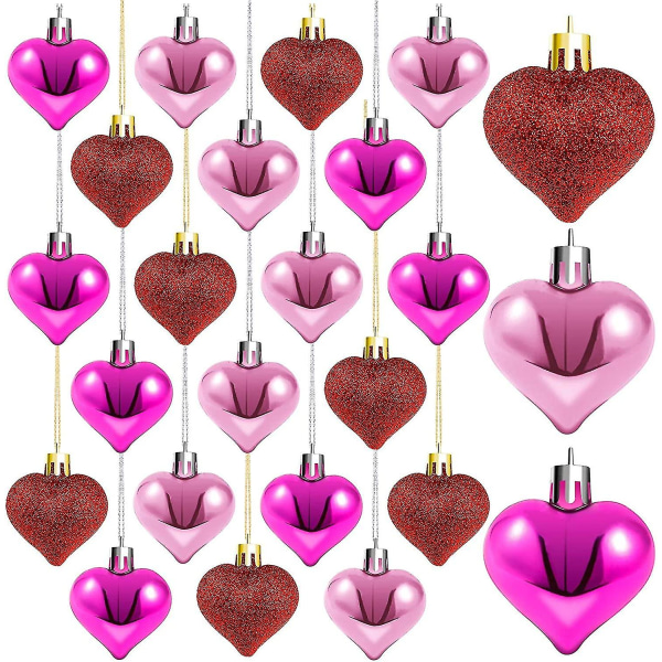 Hjerteformede julekuler til morsdag og valentinsdag, hjerteformede ornamenter til valentinsdagdekorasjon eller hjemmedekor, 24 stykker