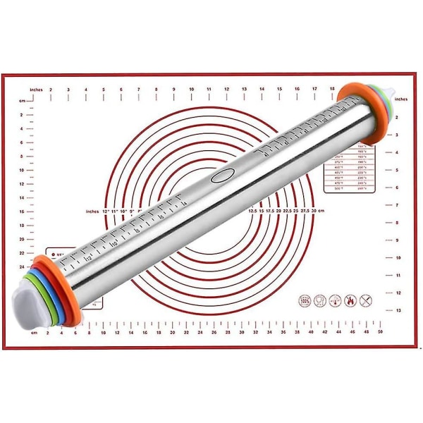 Tykkelsesringer og kjevle sett for baking av kjeks, chapati, fondant, deig, bakverk, pizza, paibunn, kjevle i rustfritt stål, rød matte