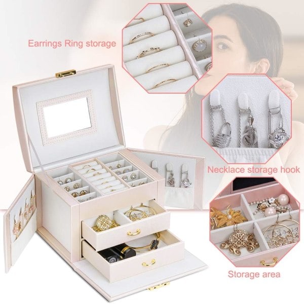 Smykkeskrin Organizer Tre Lag PU Læder Smykkeskrin til Ringe Øreringe Halskæder Armbånd Kunstlæder (nude rosa)