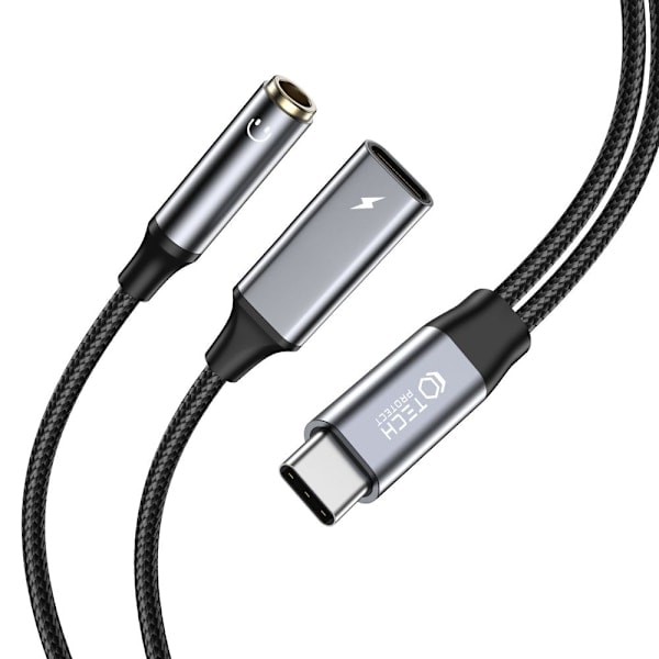 Tech-Protect 2in1 USB-C - USB-C/3,5 mm AUX Naaras Musta
