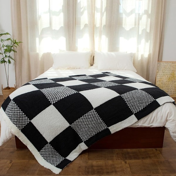 Plaid til sofa Rutet Mikrofiber Fluffy Varm Hyggelig Blød Plaid Vendbar Rutet Tæpper til Sofa, Stol, Seng, 127x152 cm (50x60 tommer) sort