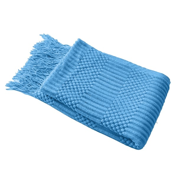 Plaider til sofa, soveværelse og kontor, tekstureret, falmebestandig, blød og varm dekorativ strikket plaid med frynser, 127x152 cm Påfugleblå