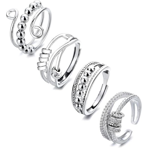4 st Fidget Spinner Ringar för Kvinnor Öppna Snurrande Knogringar Stapelbara Ringar Justerbara Ringar i Rostfritt Stål