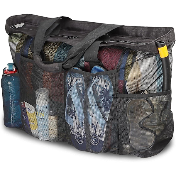 Oversized strandtaske, XL netpose med lynlås og lommer, perfekt til familieture til stranden SORT
