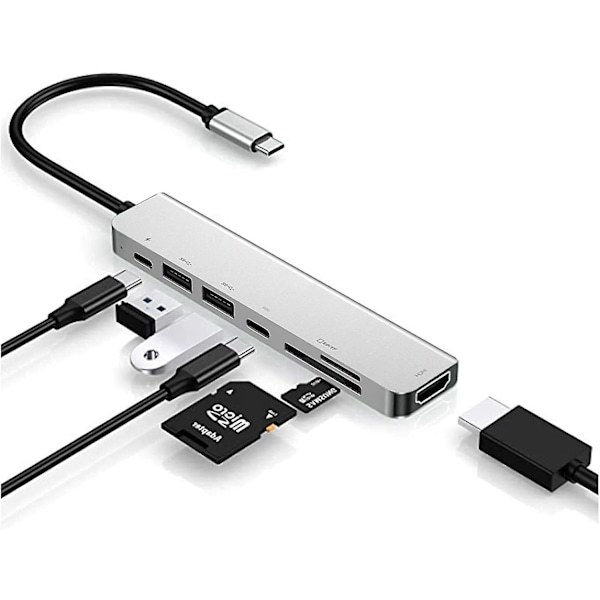 USB-C Hub-dongel, 6-i-1 USB-C till HDMI Multiport Adapter SD-kortläsare