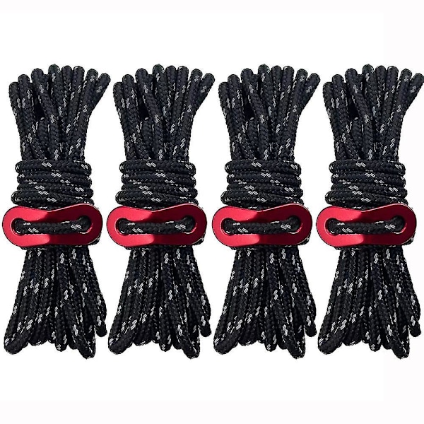 8 Knoppar Högpresterande Campingrep 3,5mm Utomhus Reflekterande Spännlinor Massivt Svart 4-pack