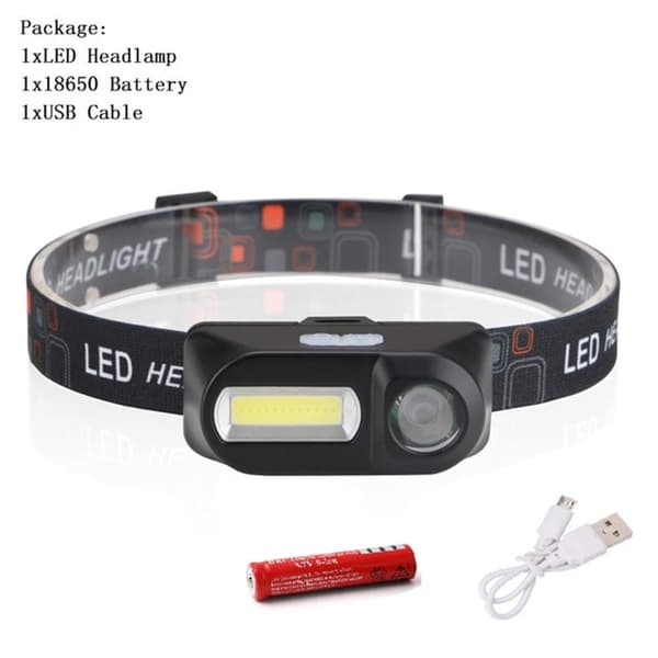Lett og smidig hodelykt (COB/XPE LED) USB-lading Svart