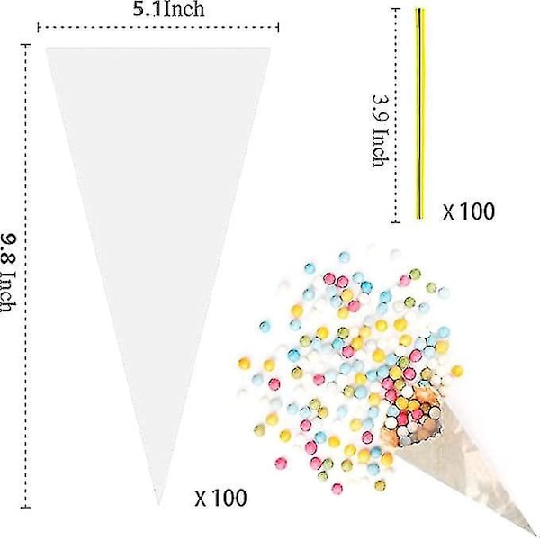 100 st transparenta konformade påsar, godis cellofanpåsar, 25x13cm plastgodis triangulära påsar med vridband för mat-