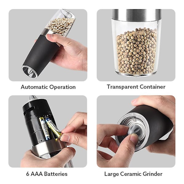 Gravity Elektrisk Peber- og Saltkværnsæt, Justerbar Grovhed, Batteridrevet, Automatisk Betjening, Rustfrit Stål Sort, 2 Pak 6*20.2CM