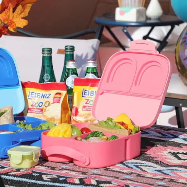 Matboks for barn 1200 ml, 3 rom ABS PP silikon snackbeholder med håndtak for skolepiknik camping, rosa