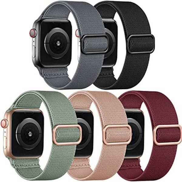 5-pack Nylon Stretch Band Kompatibelt med Apple Watch 42mm 44mm 45mm Kvinnor Män, Tyg Elastiskt Armband Solo Loop Band för iWatch