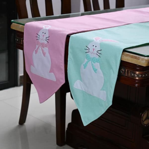 Easter Bunny Table Runner, Spring Flowers Easter Holiday Kitchen Table Runner for Home Party Decoration, Blue
