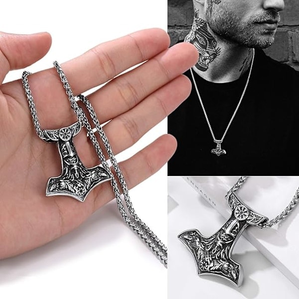 Thor Mjolnir Hammare Berlock Hänge, Nordisk Viking Yxa med Spigakedja, Rostfritt Stål