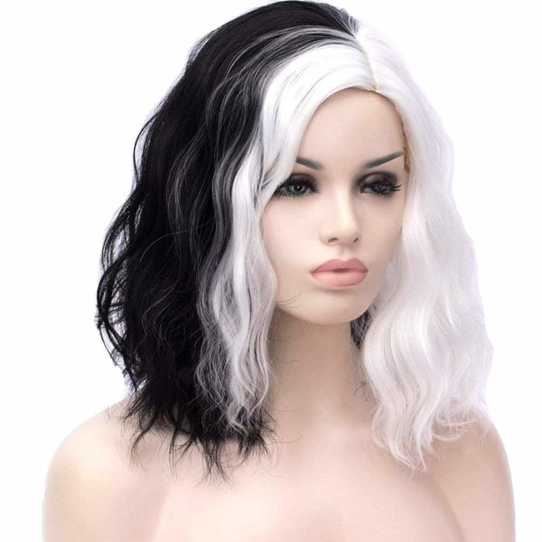 Half White Half Black Short Bob Wigs for Women Cosplay and Halloween