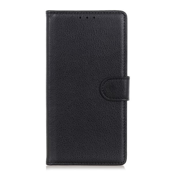 iPhone 12 / 12 Pro - Litchi Læder Etui - Sort Black Svart