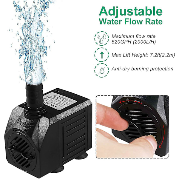 Fontänpump 150 gph (8 W 600 L/h) Dricksvattenpump Tyst Liten fontänpump för översvämningsområden med 1 m rörledning (ID x 1/2 tum)