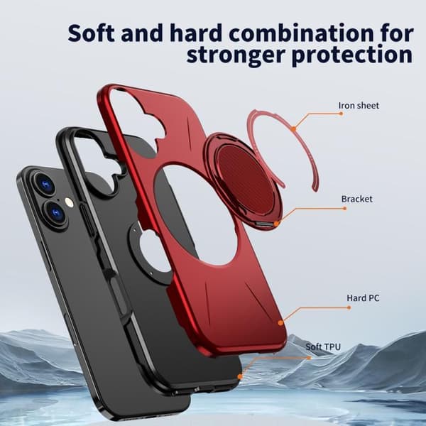 iPhone 17 Case - Metal with Rotation Function and MagSafe TPU Hybrid PC Röd