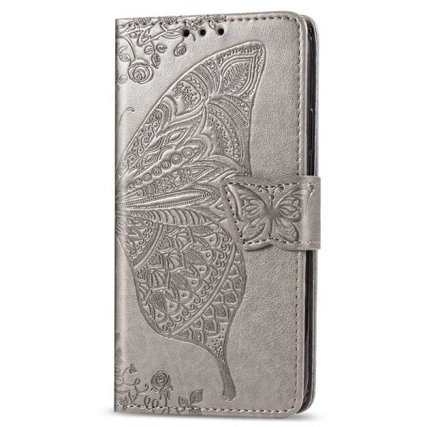 iPhone 12 Mini Wallet Case PU Leather 4-Compartment Butterfly Motif Grå
