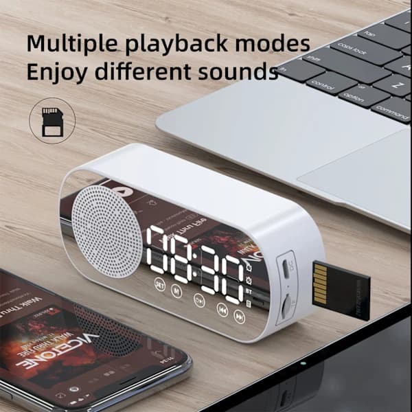Smart Digital Spegel Väckarklocka med Bluetooth-högtalare för Hem Skola Kontor - Engelsk Version (Vit)[CO]