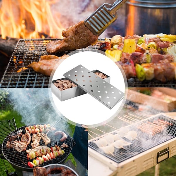 1 røgboks i rustfrit stål, stabil røgboks, grilltilbehør, egnet til gasgrill og kulgrill (sølv)