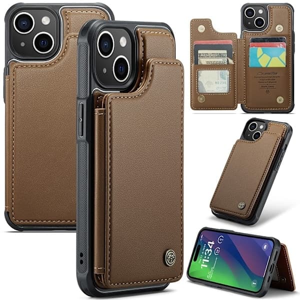 CASEME iPhone 15 Plus Cover RFID Stativ Tegnebog Brun