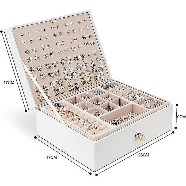 Smykkeboksarrangør for halskjede, øredobber, armbånd, ringer, stor PU-skinn smykkeskrin med 3 stablebare lag (hvit)