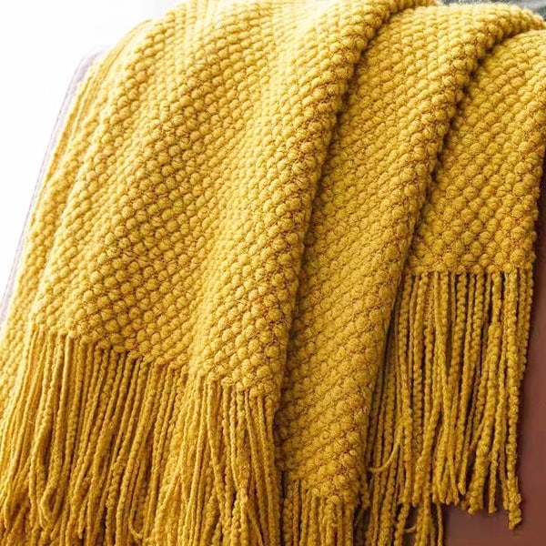 Stickade filtar för soffa, sovrum och kontor, texturerad färgäkta mjuk och varm dekorativ stickad pläd med fransar ingefära