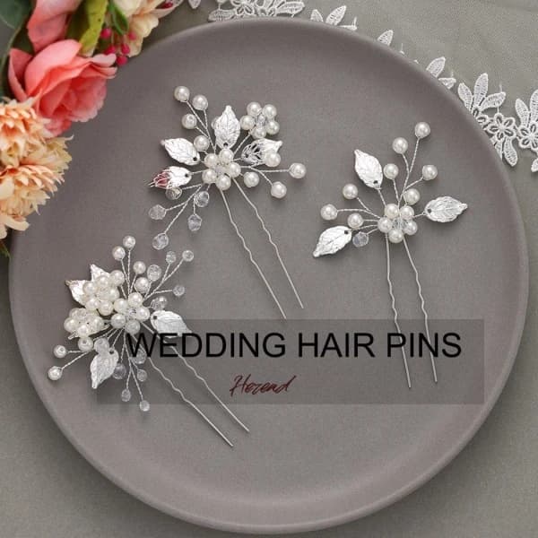 Pärlbrud Bryllup Hårnåle Blade Brudehårpynt Blomst Hårtilbehør til Kvinder og Piger (3-pak) (Guld)