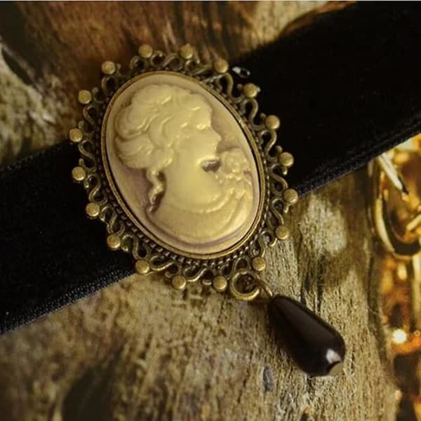 Mode Retro Svart Viktoriansk Kameo Pärlsträng Sammet Choker Halsband [CO]