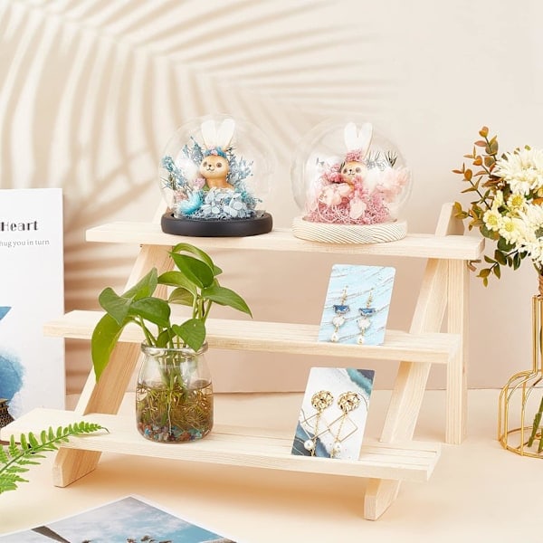 3-Etasjers Logg Detaljhandel Øredobb Display Riser, Øredobb Ringholder Avtakbar Ubehandlet Tre Detaljhandel Smykkekort Displaystativ med Spor
