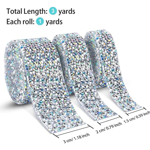 Krystall Rhinestone Bånd Selvklistrende 3 Yards Diamant Rhinestone Bånd Bling Bånd Rull Bånding Belte Wrap, 3 Ruller I 3 Størrelser