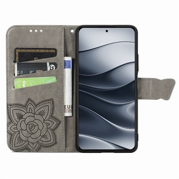 Xiaomi Redmi Note 14 5G Kotelo Nahka Perhoskuvio Harmaa