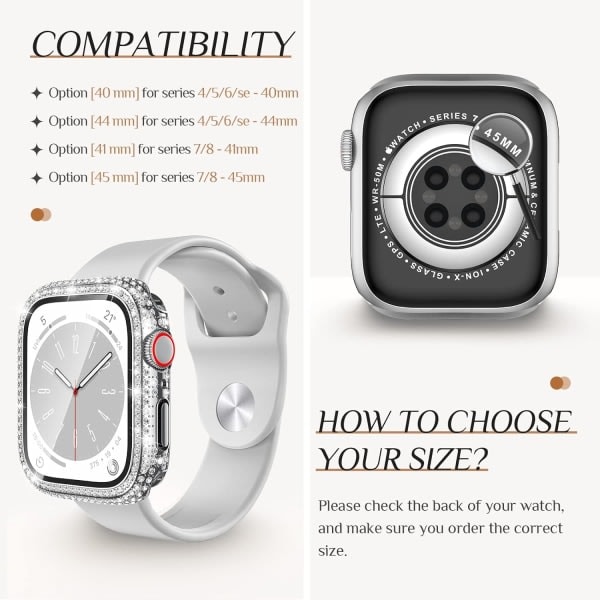 Goton 2 i 1 vandtæt Bling-etui til Apple Watch 40 mm skærmbeskytter SE (2. generation) Series 6 5 4, Fuld Glitter Diamant Rhinestone Bumper Fac...