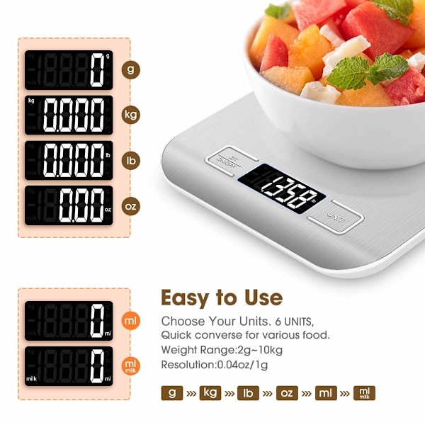 Matvåg, 10 kg digital köksvåg vikt gram och oz för bakning och matlagning, 1g/0,1oz exakt gradering, lätt att rengöra rostfritt stål Silver