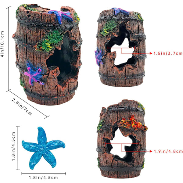Star-Fish Ødelagt Tønne Dekor - Dekorasjoner for fiskeakvarium i harpiks, fiskehuleornament, 1 ødelagt tønne, 2 blå sjøstjerneornamenter