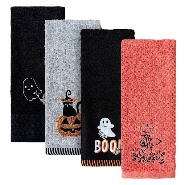 4 stk Halloween Håndklær Bomull for Baderom Sett Broderi 70*40cm Spøkelse Hodeskalle Skjelett Kjøkkenhåndklær Edderkopp Gresskar for Knask eller Knep Bord Style 4