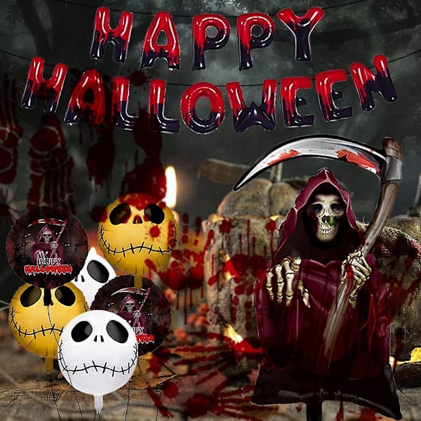 Halloween-festdekorationer, 29 delar Grim Reaper Skull Balloon Set med Halloween Bloody Hands Stickers, Horror Birthday Halloween Dekorationer för Vuxna Fest