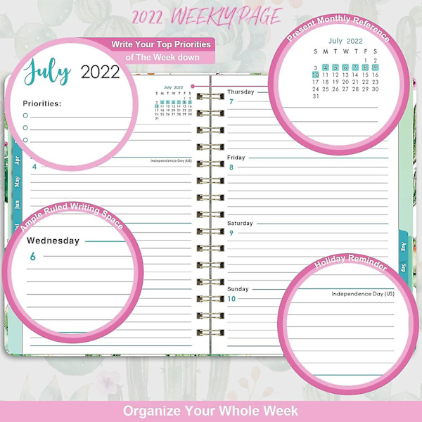 2022 - Ukentlig   Månedlig 2022 Jan 2022 - Des 2022 8.5  X 6.4  Fleksibel Hardcover Sterk Twin - Wire Binding 12 Månedlige Faner Innerlomme Elastisk Lukking